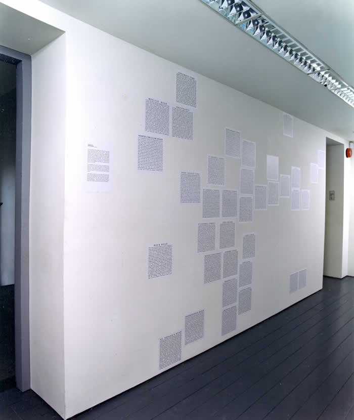 fig.6 Over the duration of the exhibition (March – June 2003), the Atrium wall in Limerick City Gallery was filled with thirty-seven texts. Each text on the Atrium wall corresponded with a text of which multiple copies were fly-posted into site-specific locations around Limerick City.